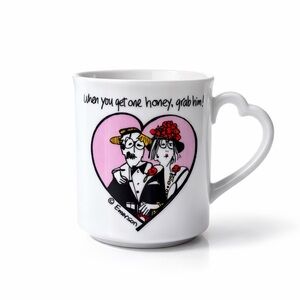 Vintage 1984 Emerson Quillin Heart Handle White Mug with Cartoon Design